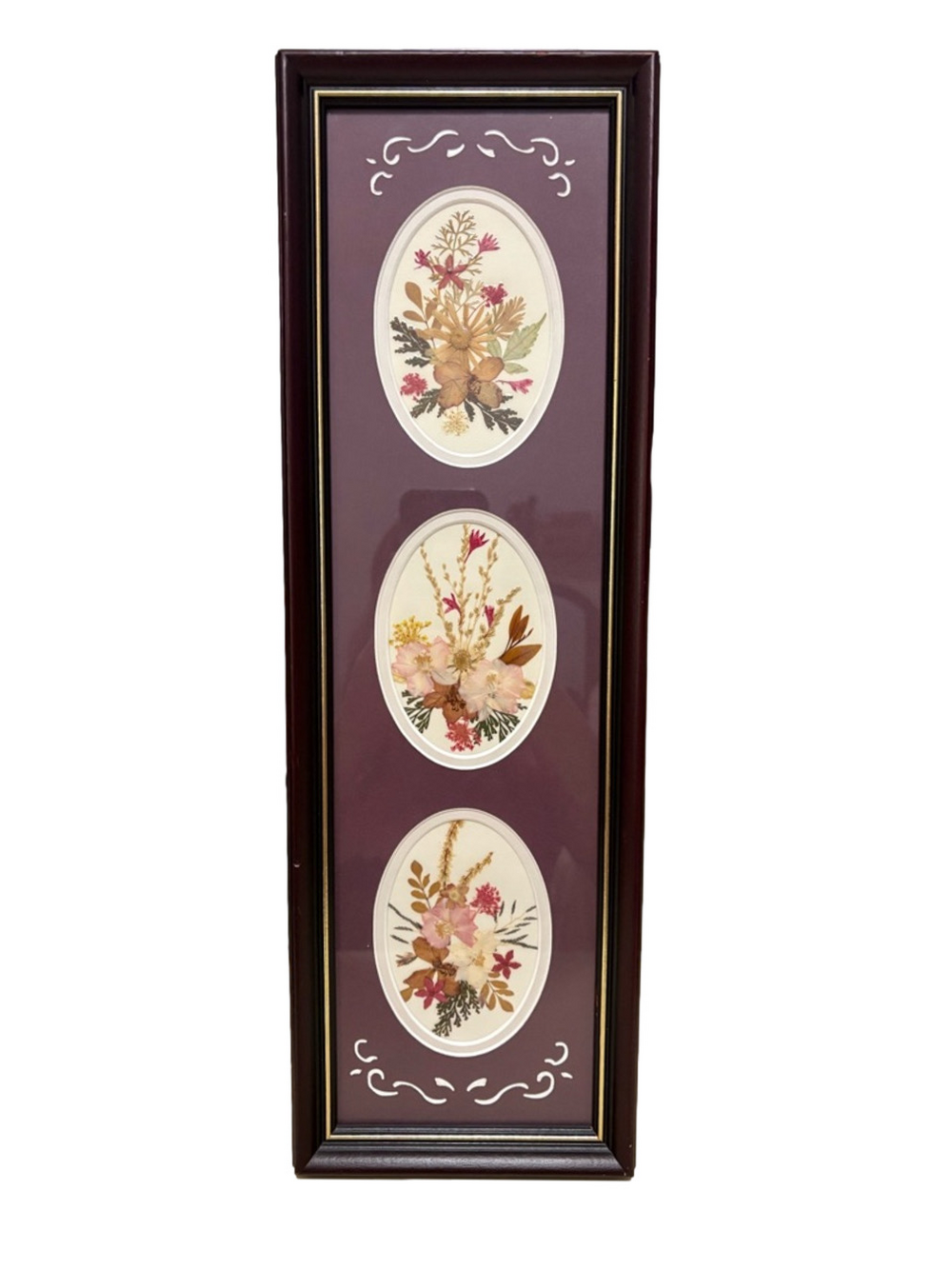 Vintage Pressed Floral Trio Wall Art With Plum Frame